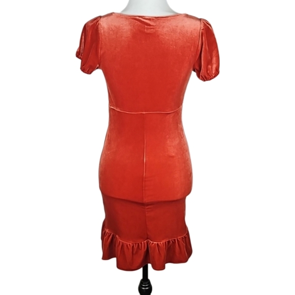 Retro Orange Velour Ruffle Trim Dress - Picture 4 of 9